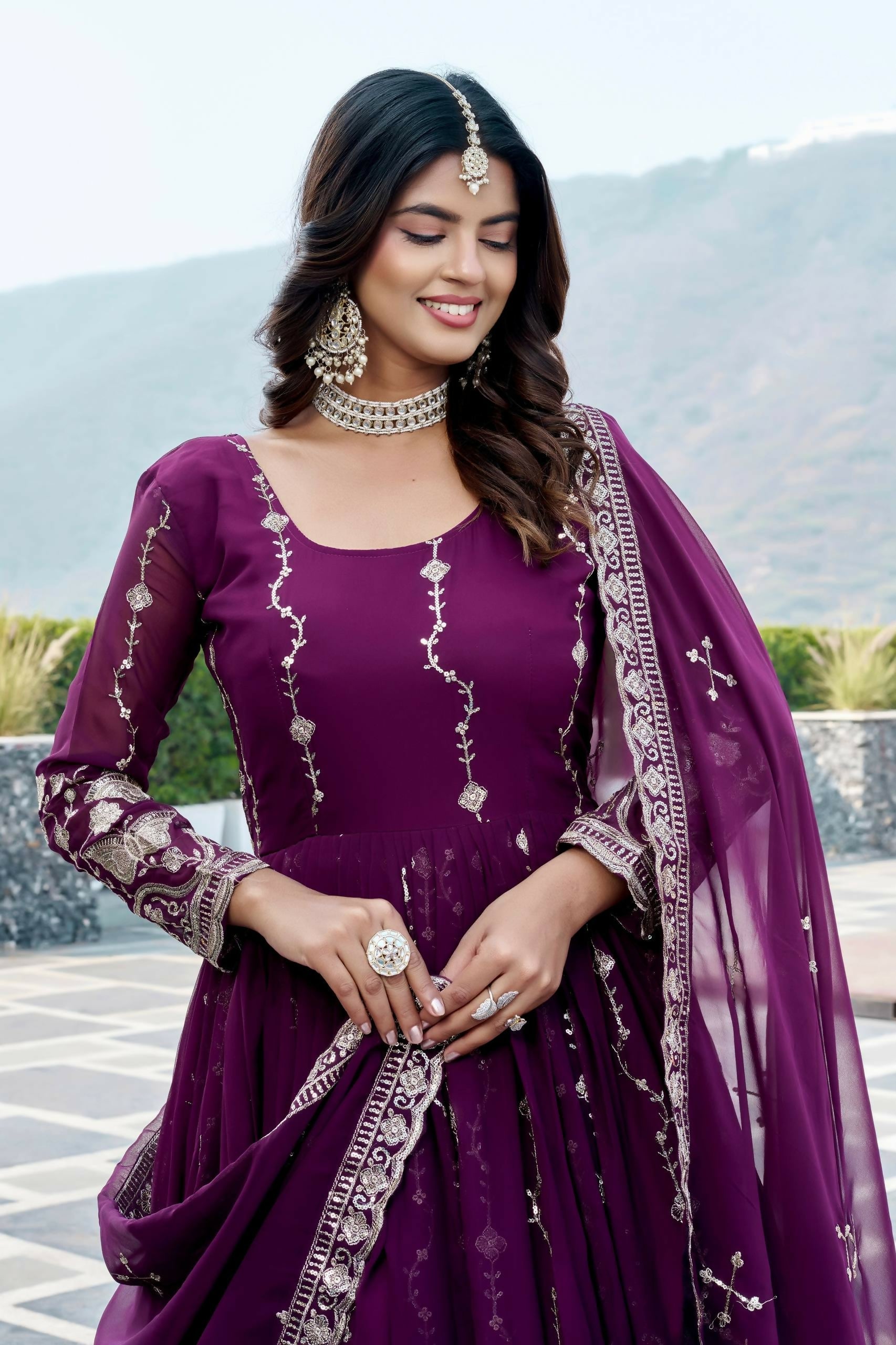 Teeya Creation Womens New Trendy Heavy Cording Sequence & Beads Embroidery Work Purple Gown Set | Grocsy