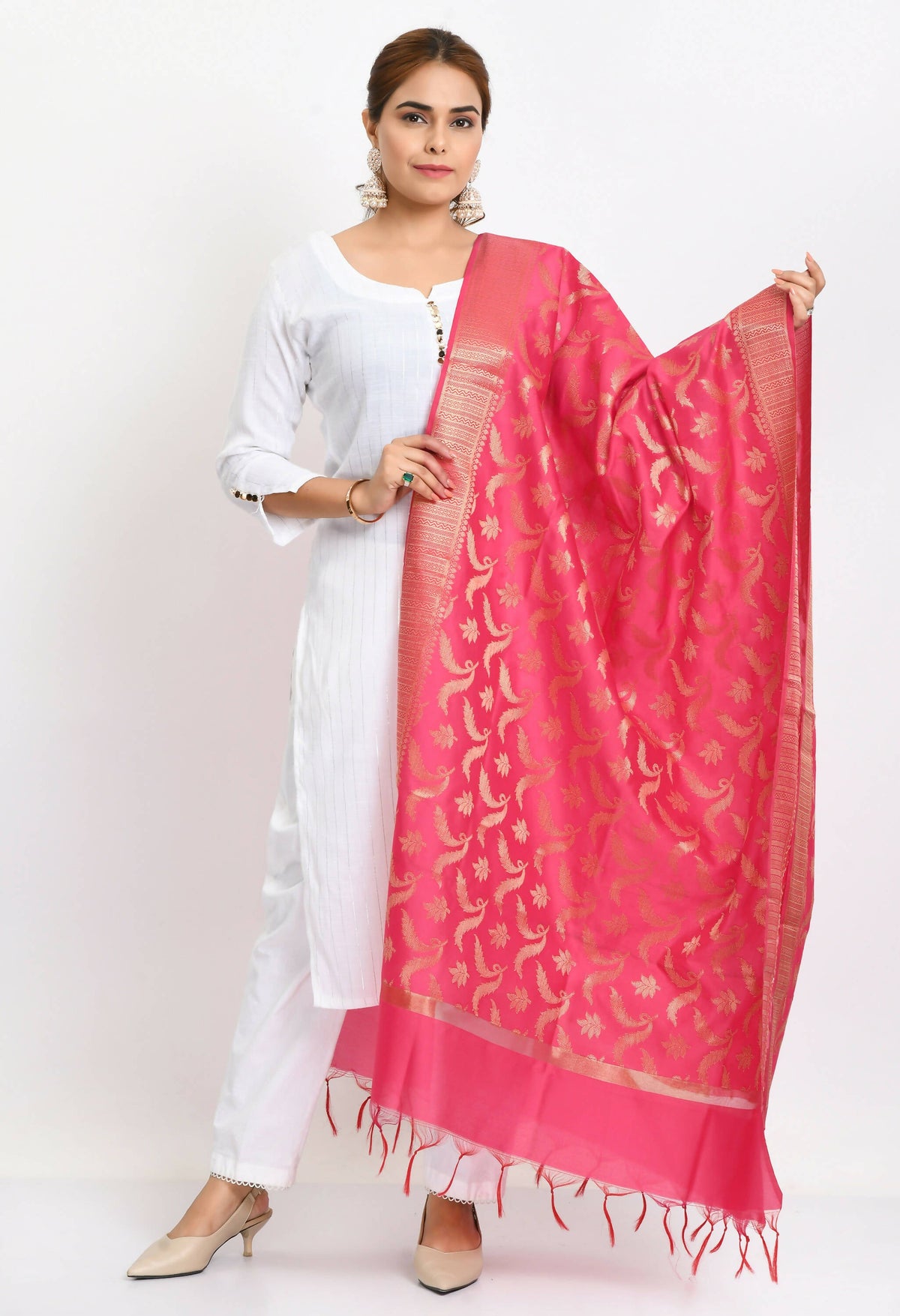 Mominos Fashion Moeza Women's Banarsi Silk Floral Woven Design Pink Dupatta | Grocsy