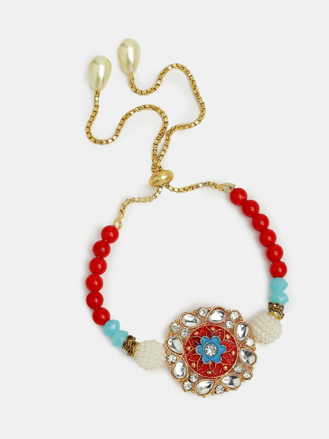 NVR Women & Men Set of 2 Red-colored Stone-Studded & Beaded Bhaiya Bhabhi Rakhi With Roli Chawal & Chocolate | Grocsy