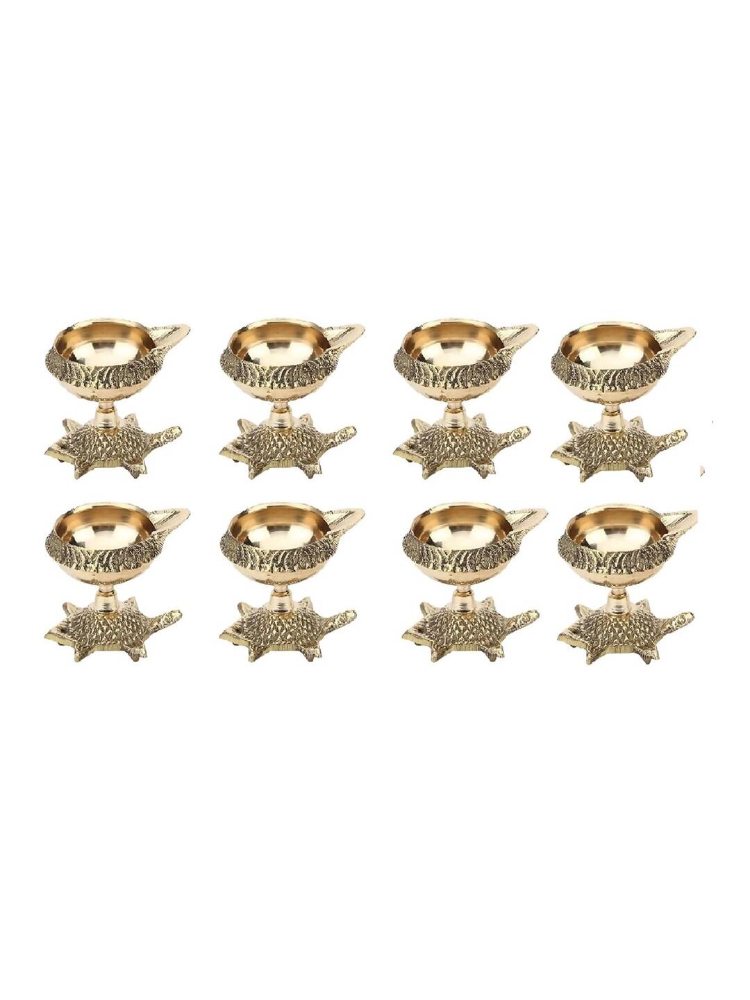 Tied Ribbons Gold Toned 8 Pieces Decorative Brass Diyas With Tortoise Base | Grocsy