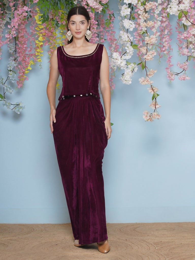 Joban Fashion Wine Hand Embellished Jacket with inner and skirt | Grocsy