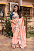 Pink Pure Linen Woven Design Saree with Unstitched Blouse - A2M | Grocsy