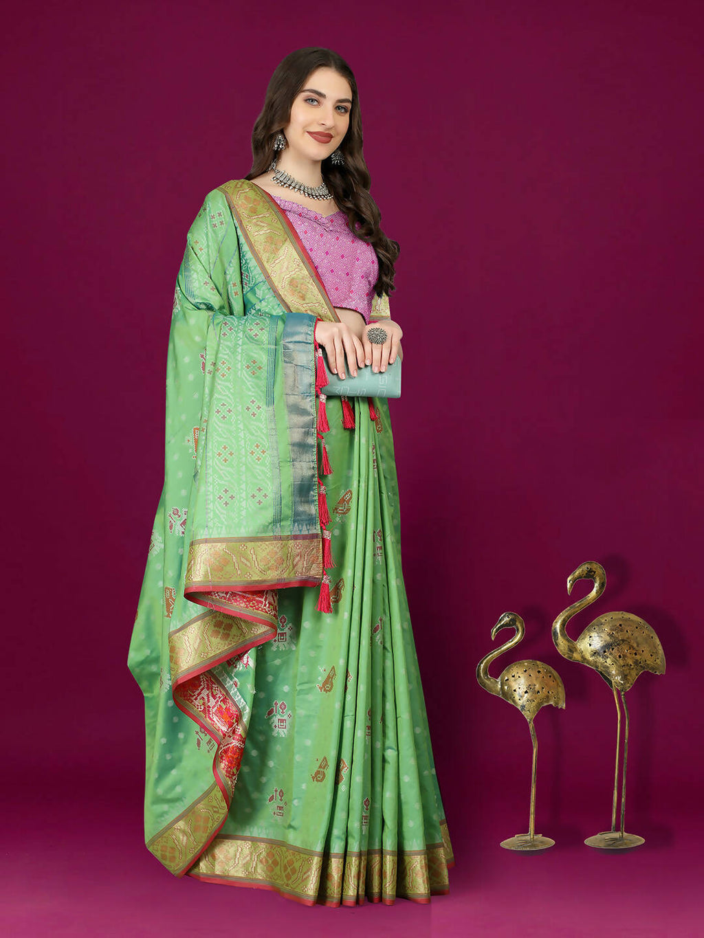 Lorenvalley Fashion Parotgreen Patola Silk Woven Design Zari Meenakari Weaving Saree | Grocsy