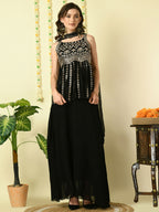 Myshka Women's Black Georgette Top & Skirt With Dupatta Party Sets | Grocsy