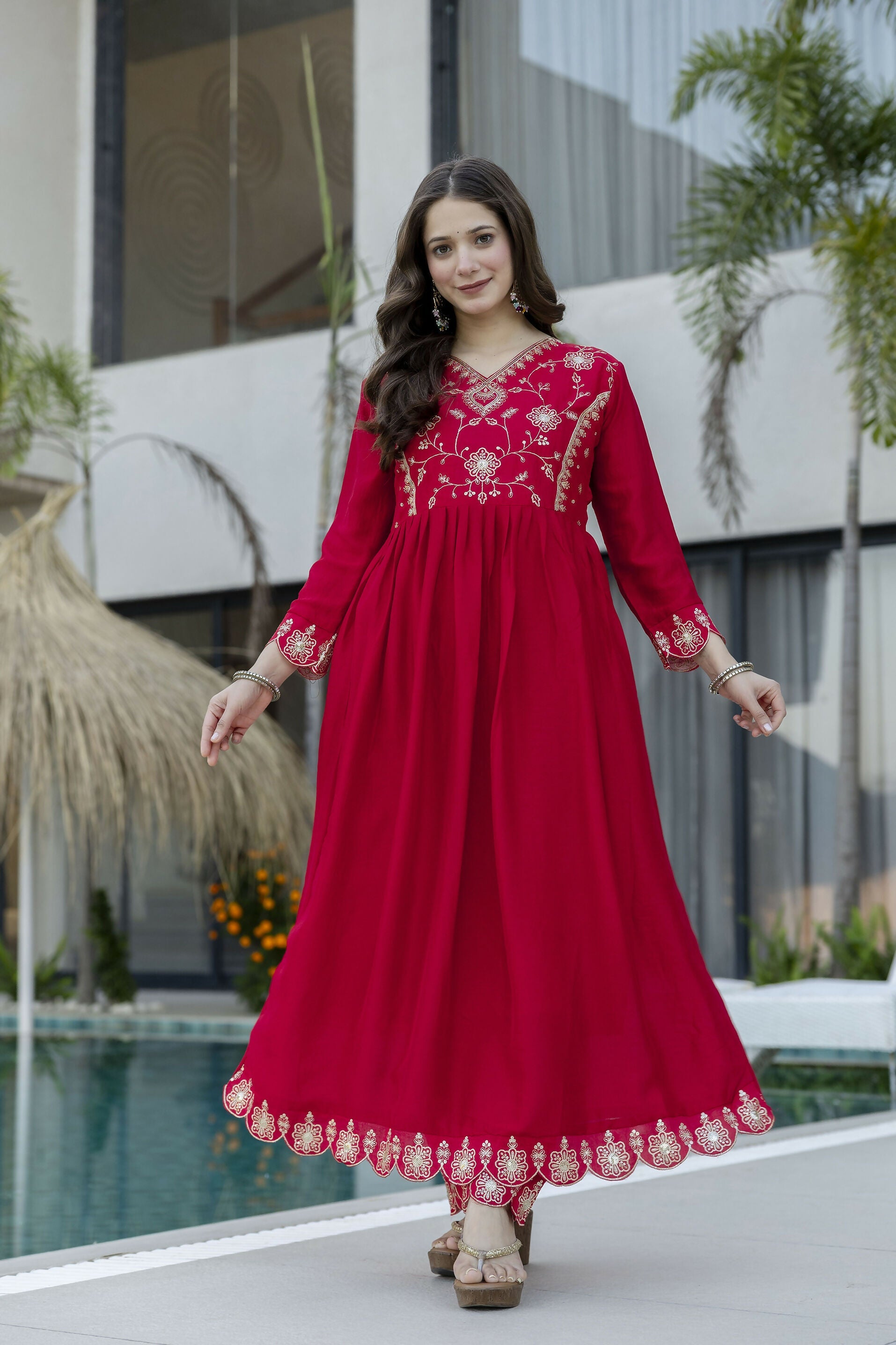 The52 Women's Beautiful Vichitra Silk Fabric Embroidery Work Flared Anarkali Pant and Dupatta Set | Grocsy