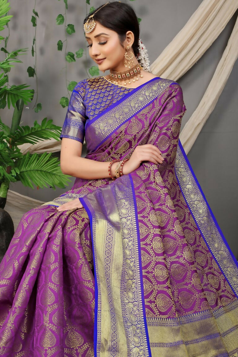 Jyoti Fashion Women's Purple Kanjivaram Silk Zari Woven Saree with Blouse | Grocsy