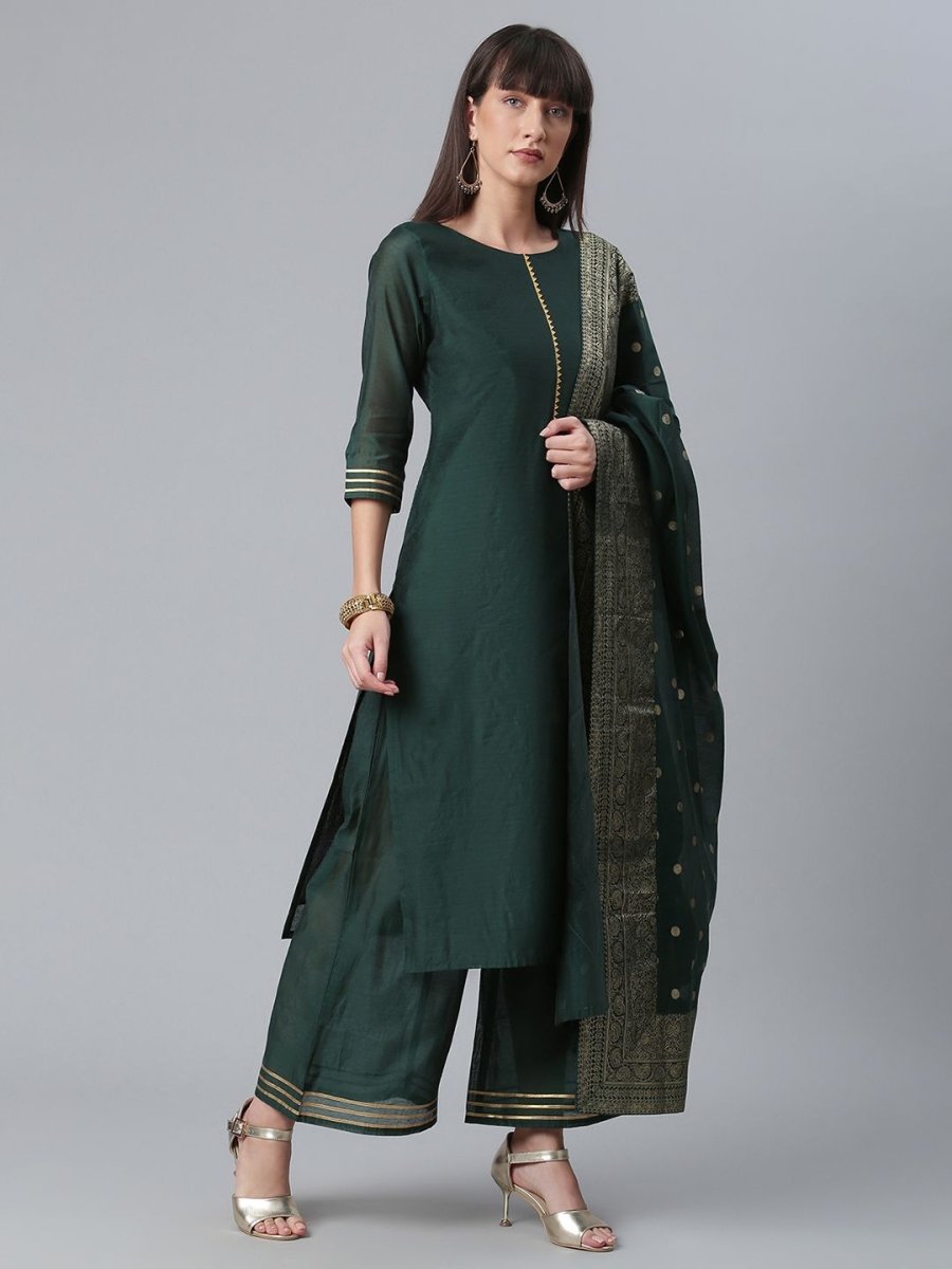 Ahalyaa Dark Green Chanderi Solid Kurta With Palazzo And Dupatta Set | Grocsy