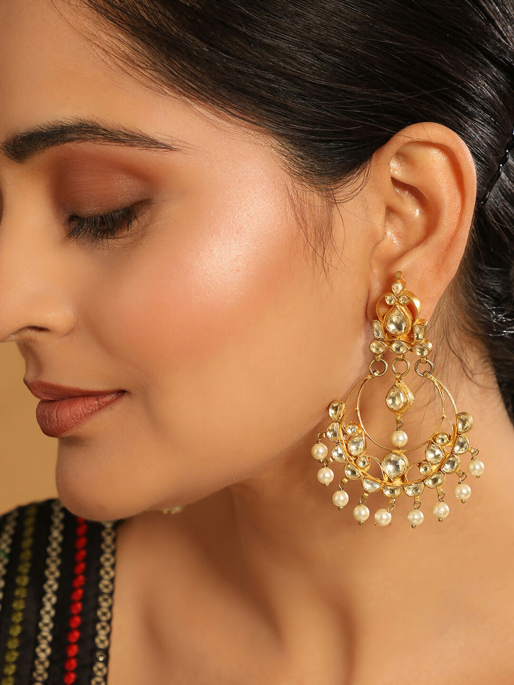 Nuyug 22K Gold Plated Kundan Studded Contemporary Shaped Pearl Drop Chandbalis | Grocsy