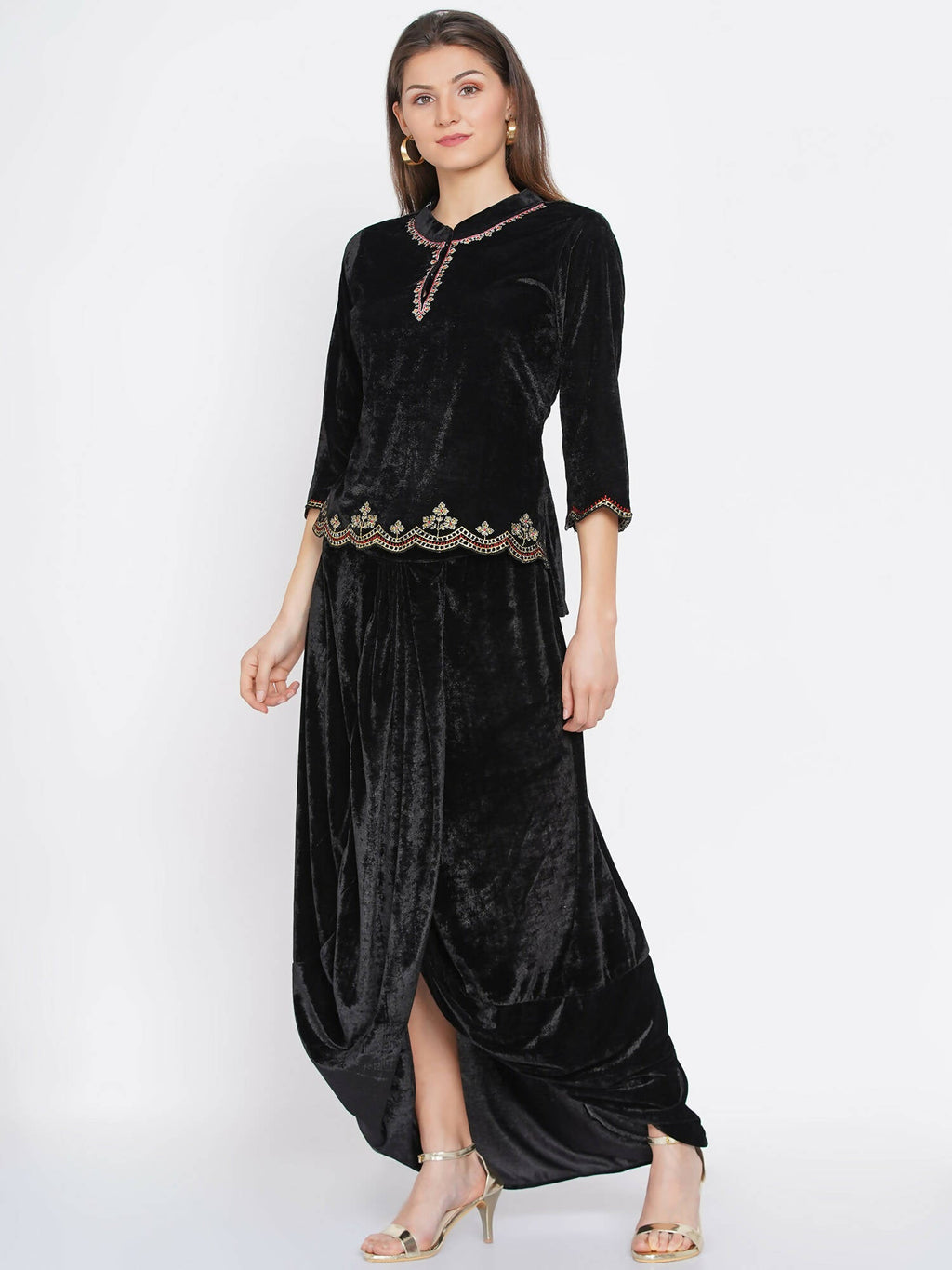 Women Republic Black Velvet Embroiderd Koti With Dhoti Pants | Grocsy
