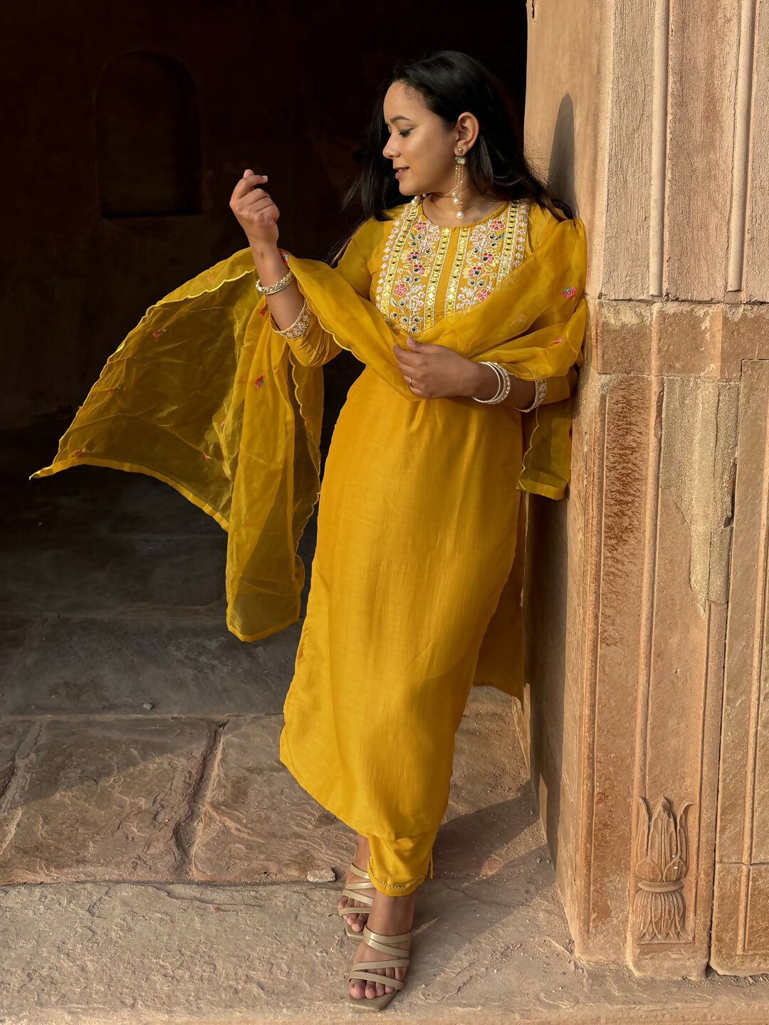Vellora Mustard Yellow Silk Blend Festive Style Readymade Salwar Suit | Grocsy