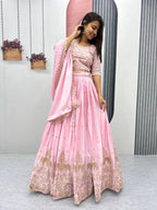 Teeya Creation Baby Pink Color Chinon Silk Embroidery Work Fully Stitched Lehenga Choli | Grocsy