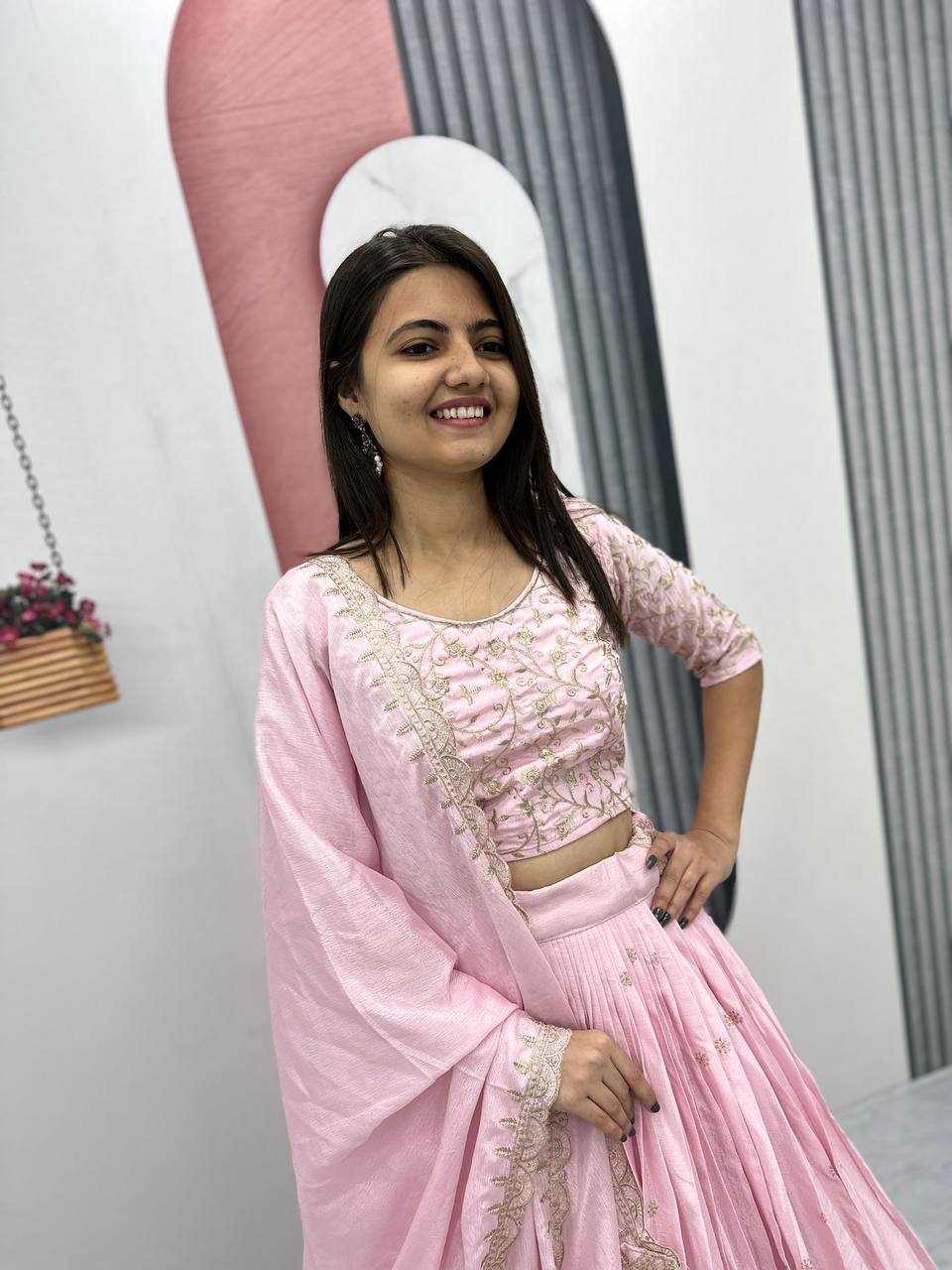 Teeya Creation Baby Pink Color Chinon Silk Embroidery Work Fully Stitched Lehenga Choli | Grocsy