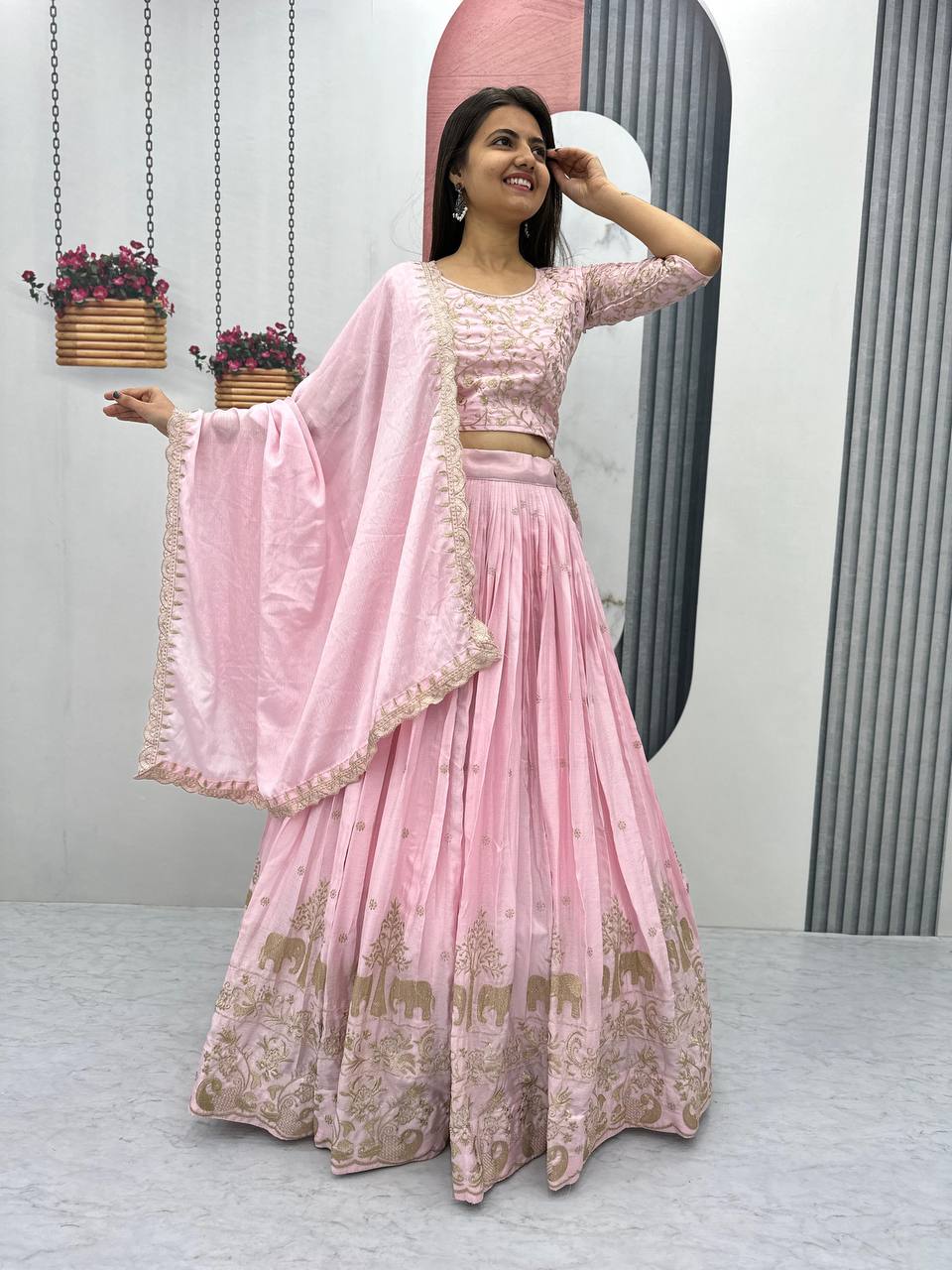 Teeya Creation Baby Pink Color Chinon Silk Embroidery Work Fully Stitched Lehenga Choli | Grocsy