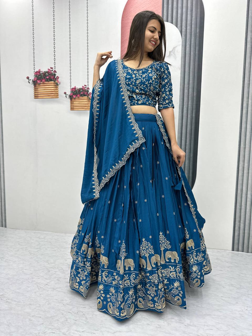 Teeya Creation Blue Color Chinon Silk Embroidery Work Fully Stitched Lehenga Choli | Grocsy