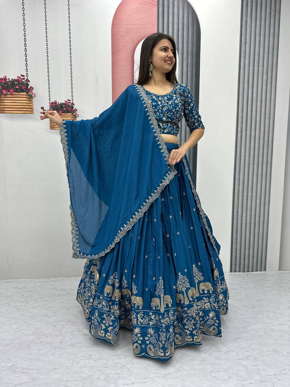 Teeya Creation Blue Color Chinon Silk Embroidery Work Fully Stitched Lehenga Choli | Grocsy