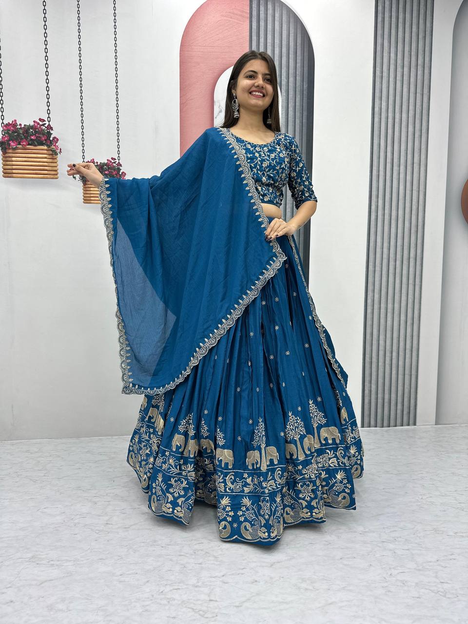 Teeya Creation Blue Color Chinon Silk Embroidery Work Fully Stitched Lehenga Choli | Grocsy