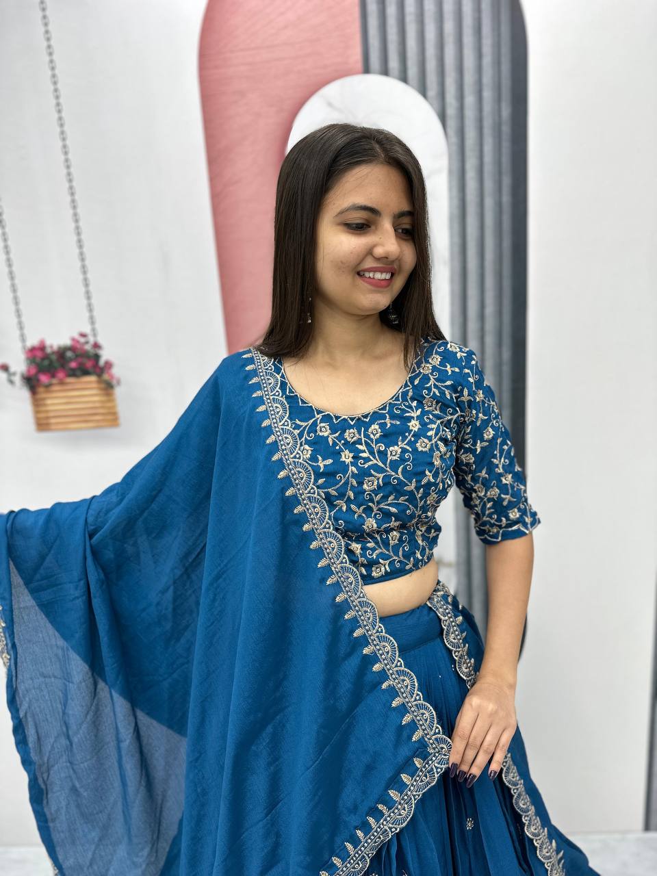 Teeya Creation Blue Color Chinon Silk Embroidery Work Fully Stitched Lehenga Choli | Grocsy