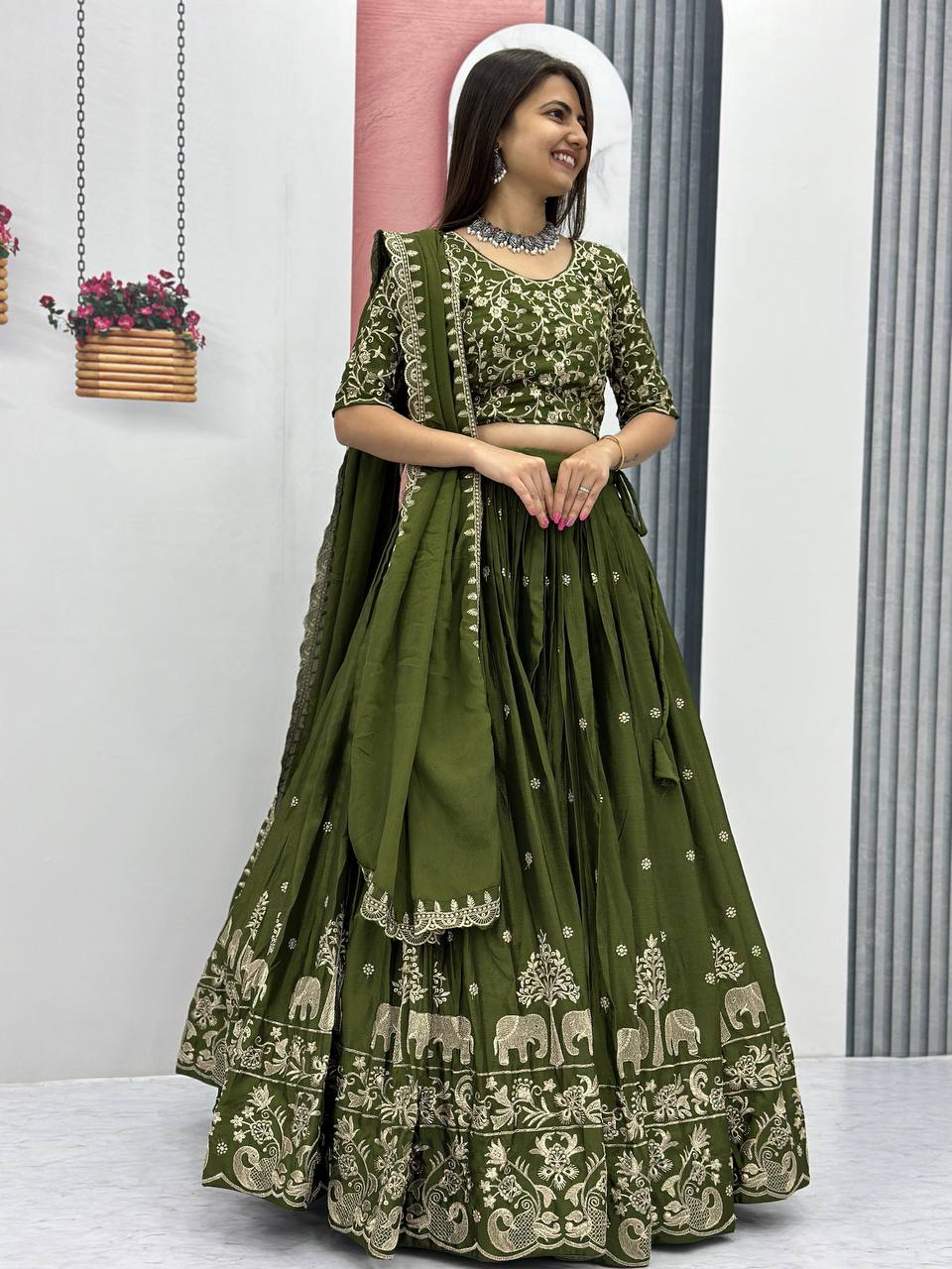 Teeya Creation Green Color Chinon Silk Embroidery Work Fully Stitched Lehenga Choli | Grocsy