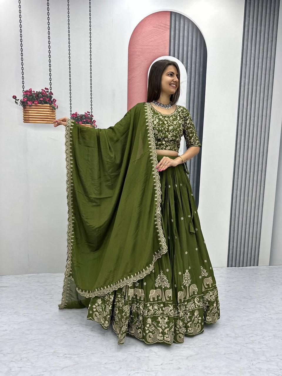Teeya Creation Green Color Chinon Silk Embroidery Work Fully Stitched Lehenga Choli | Grocsy