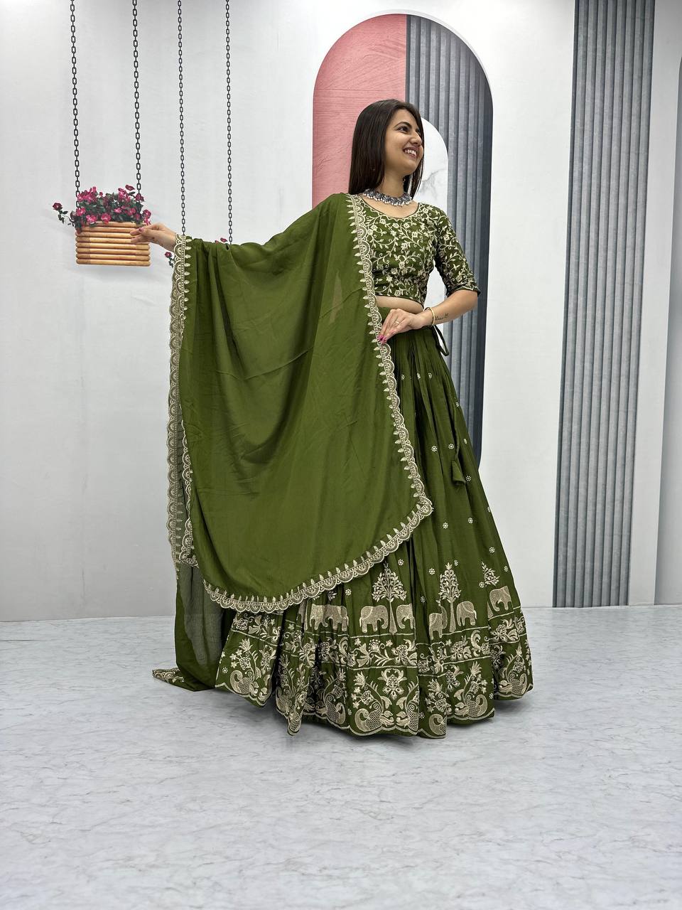 Teeya Creation Green Color Chinon Silk Embroidery Work Fully Stitched Lehenga Choli | Grocsy