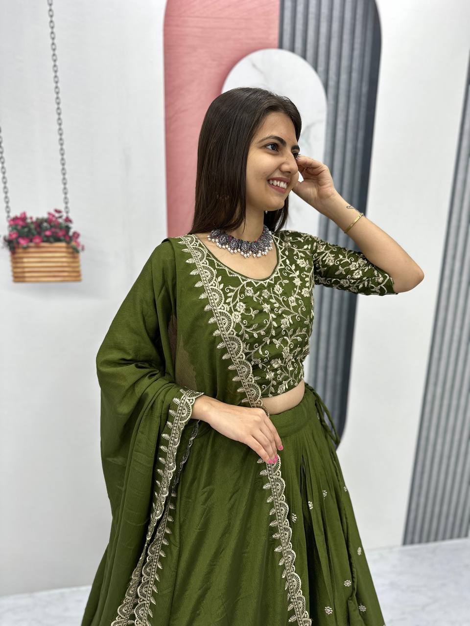 Teeya Creation Green Color Chinon Silk Embroidery Work Fully Stitched Lehenga Choli | Grocsy