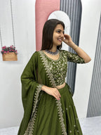 Teeya Creation Green Color Chinon Silk Embroidery Work Fully Stitched Lehenga Choli | Grocsy