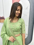 Teeya Creation Parrot Green Color Chinon Silk Embroidery Work Fully Stitched Lehenga Choli | Grocsy