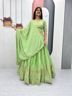 Teeya Creation Parrot Green Color Chinon Silk Embroidery Work Fully Stitched Lehenga Choli | Grocsy
