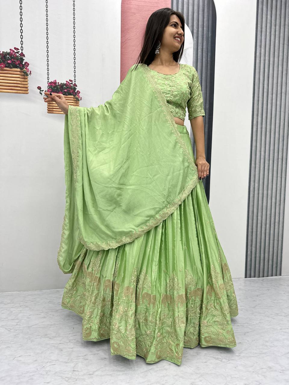 Teeya Creation Parrot Green Color Chinon Silk Embroidery Work Fully Stitched Lehenga Choli | Grocsy