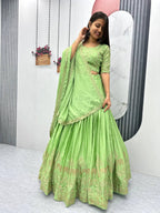Teeya Creation Parrot Green Color Chinon Silk Embroidery Work Fully Stitched Lehenga Choli | Grocsy