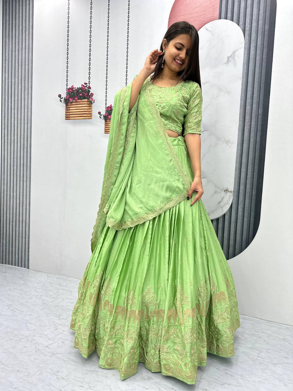 Teeya Creation Parrot Green Color Chinon Silk Embroidery Work Fully Stitched Lehenga Choli | Grocsy