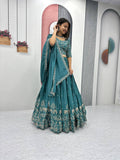 Teeya Creation Teal Color Chinon Silk Embroidery Work Fully Stitched Lehenga Choli | Grocsy