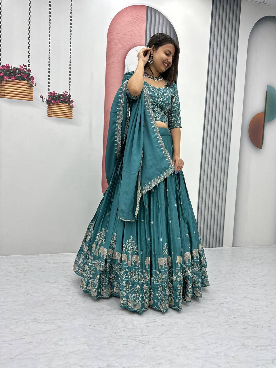 Teeya Creation Teal Color Chinon Silk Embroidery Work Fully Stitched Lehenga Choli | Grocsy