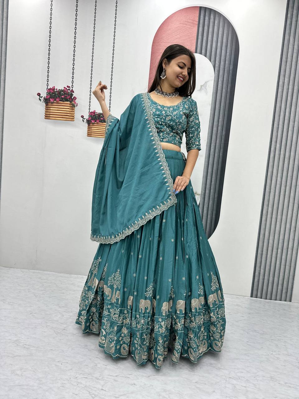Teeya Creation Teal Color Chinon Silk Embroidery Work Fully Stitched Lehenga Choli | Grocsy
