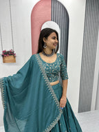 Teeya Creation Teal Color Chinon Silk Embroidery Work Fully Stitched Lehenga Choli | Grocsy