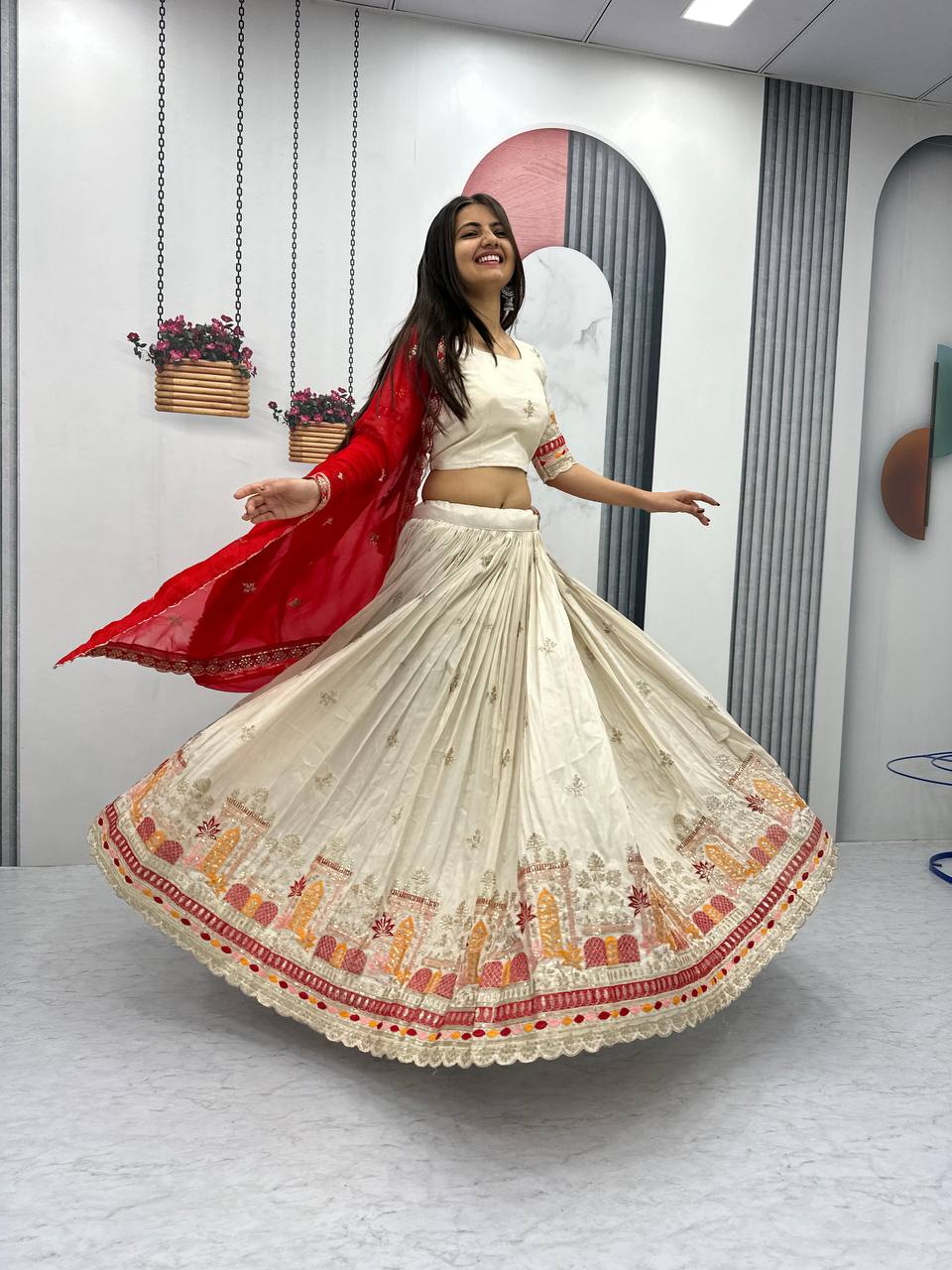 Teeya Creation Cream Color Banarasi Silk Heavy Embroidery Work Fully Stitched Lehenga Choli | Grocsy