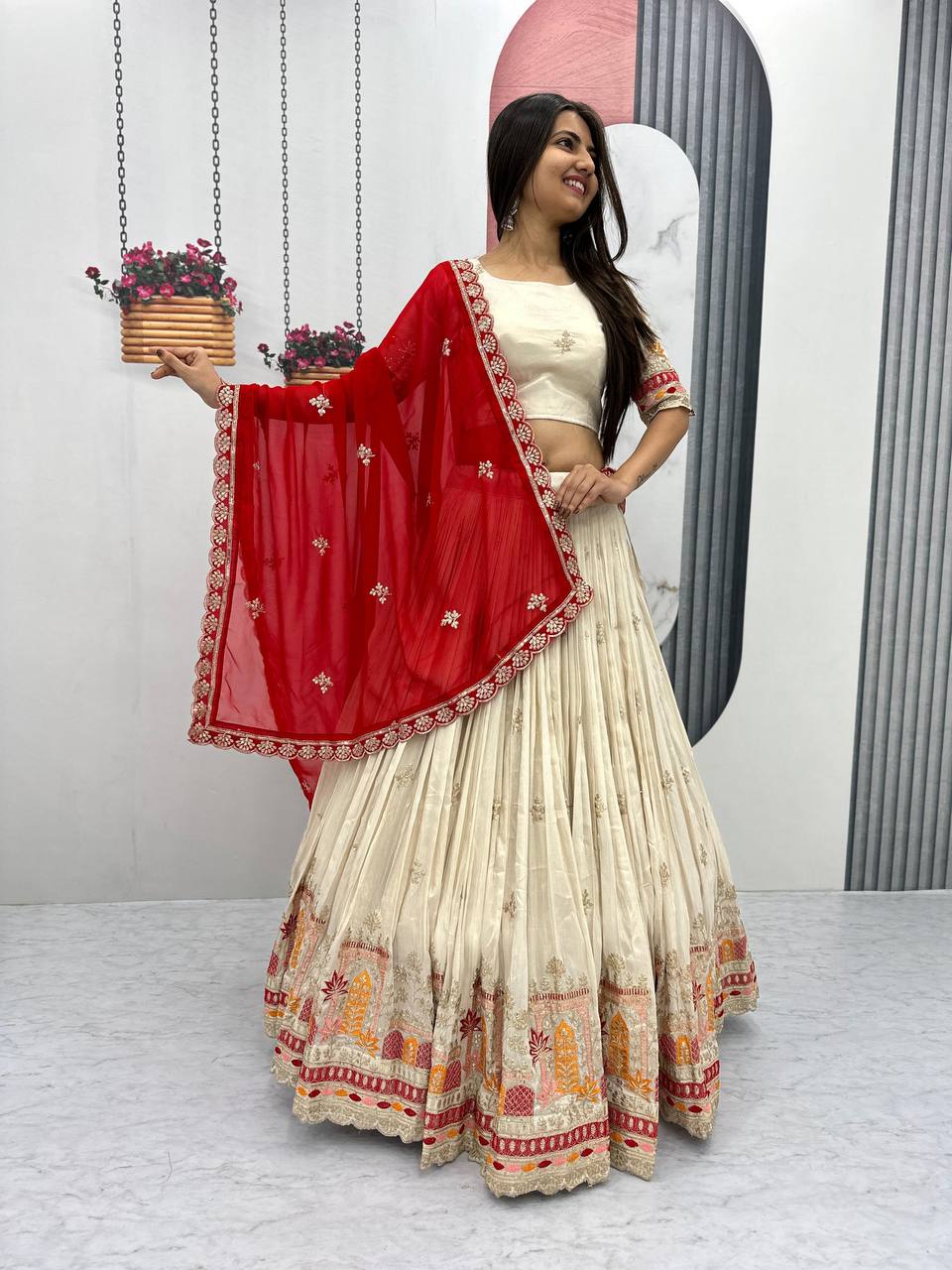 Teeya Creation Cream Color Banarasi Silk Heavy Embroidery Work Fully Stitched Lehenga Choli | Grocsy