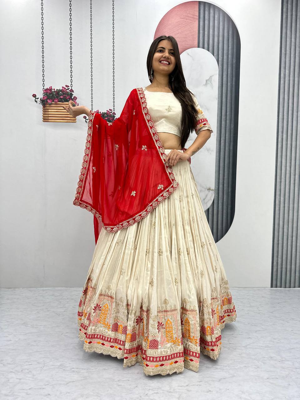 Teeya Creation Cream Color Banarasi Silk Heavy Embroidery Work Fully Stitched Lehenga Choli | Grocsy