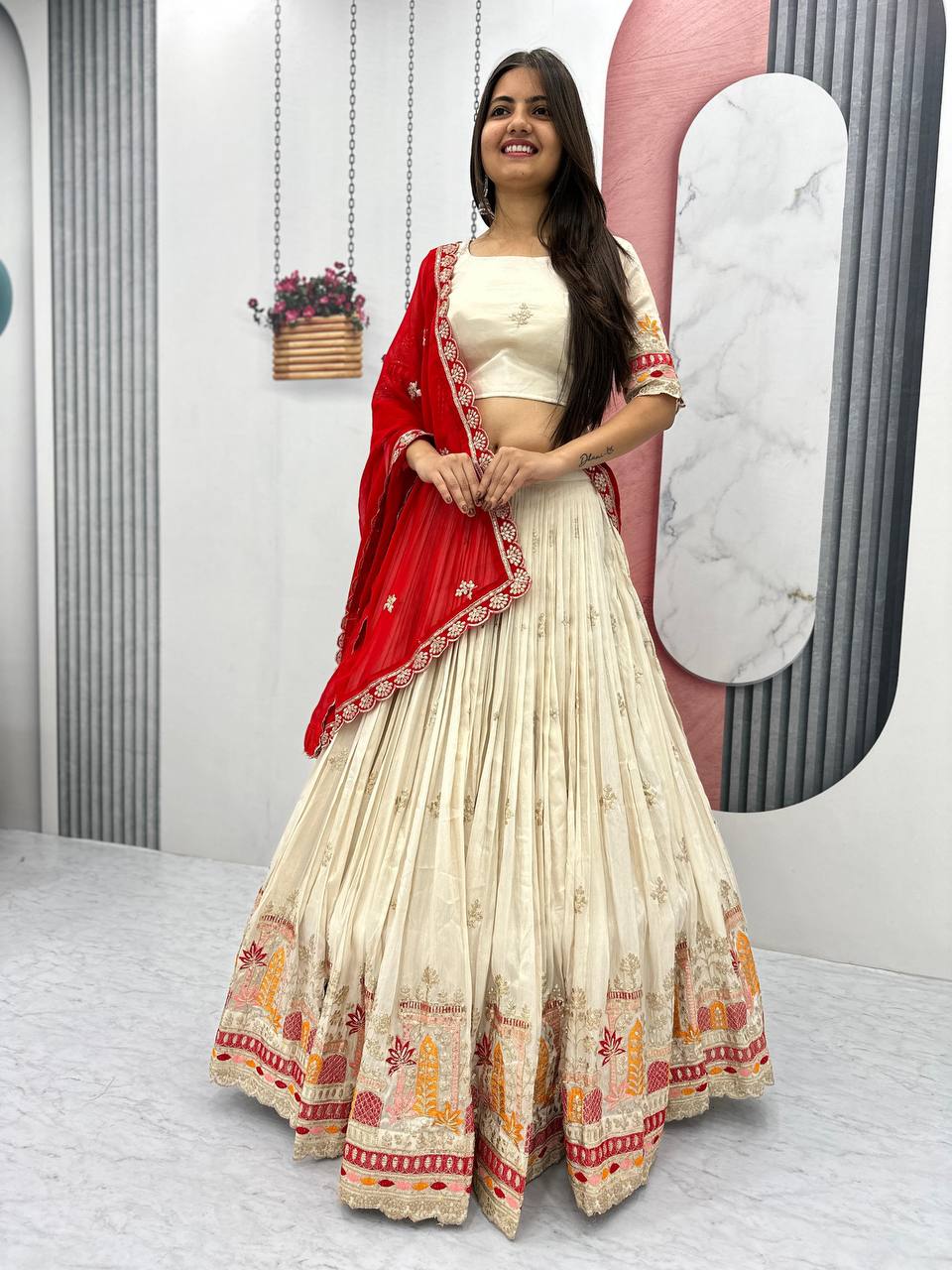 Teeya Creation Cream Color Banarasi Silk Heavy Embroidery Work Fully Stitched Lehenga Choli | Grocsy