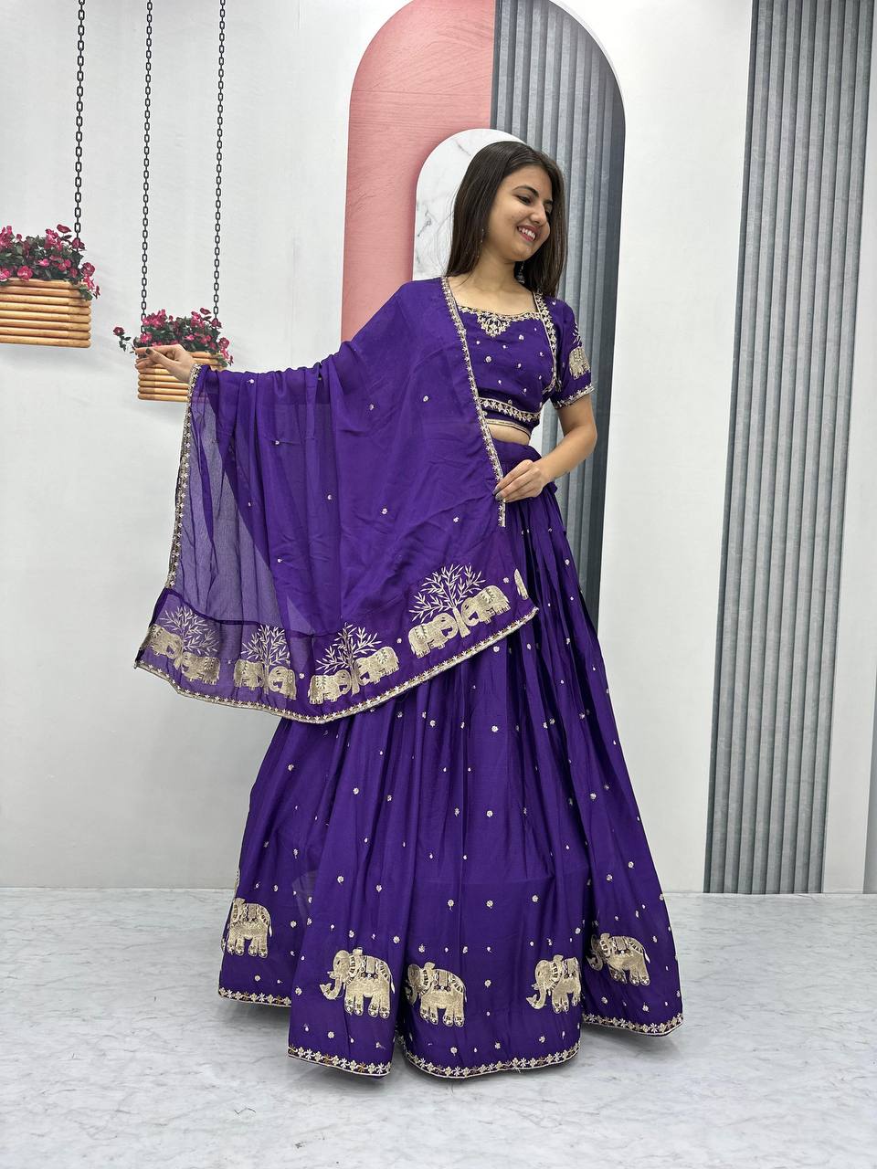 Teeya Creation Purple Color Chinon Silk Embroidery Work Fully Stitched Lehenga Choli | Grocsy
