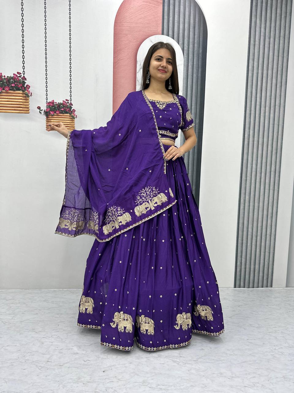 Teeya Creation Purple Color Chinon Silk Embroidery Work Fully Stitched Lehenga Choli | Grocsy
