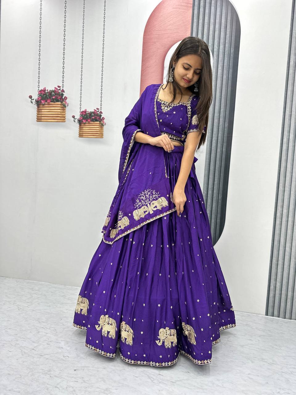Teeya Creation Purple Color Chinon Silk Embroidery Work Fully Stitched Lehenga Choli | Grocsy