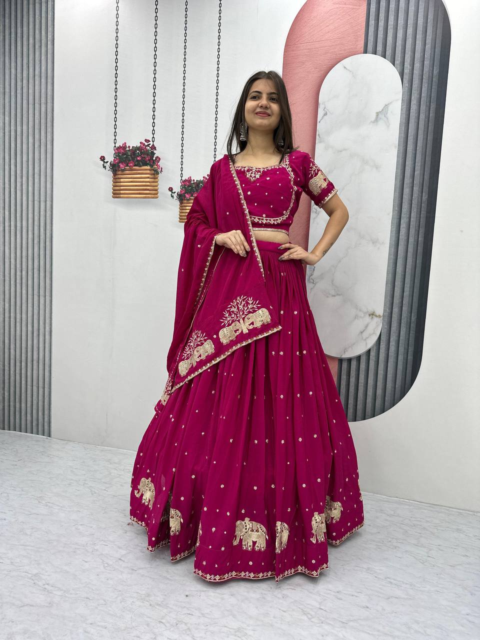 Teeya Creation Rani Color Chinon Silk Embroidery Work Fully Stitched Lehenga Choli | Grocsy