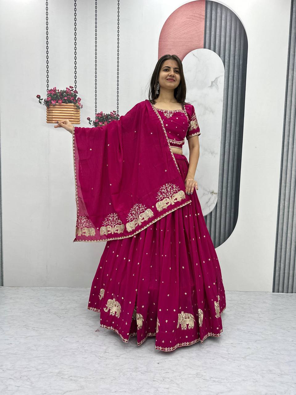 Teeya Creation Rani Color Chinon Silk Embroidery Work Fully Stitched Lehenga Choli | Grocsy