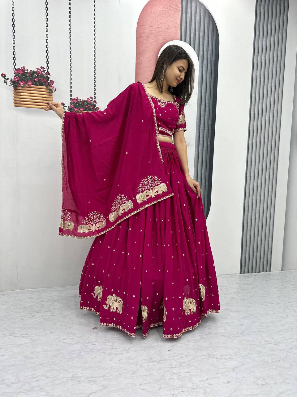 Teeya Creation Rani Color Chinon Silk Embroidery Work Fully Stitched Lehenga Choli | Grocsy