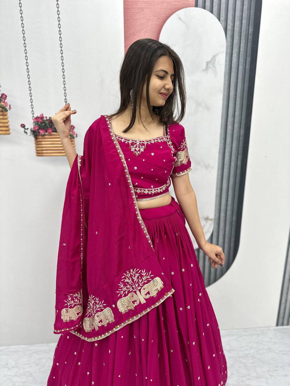 Teeya Creation Rani Color Chinon Silk Embroidery Work Fully Stitched Lehenga Choli | Grocsy
