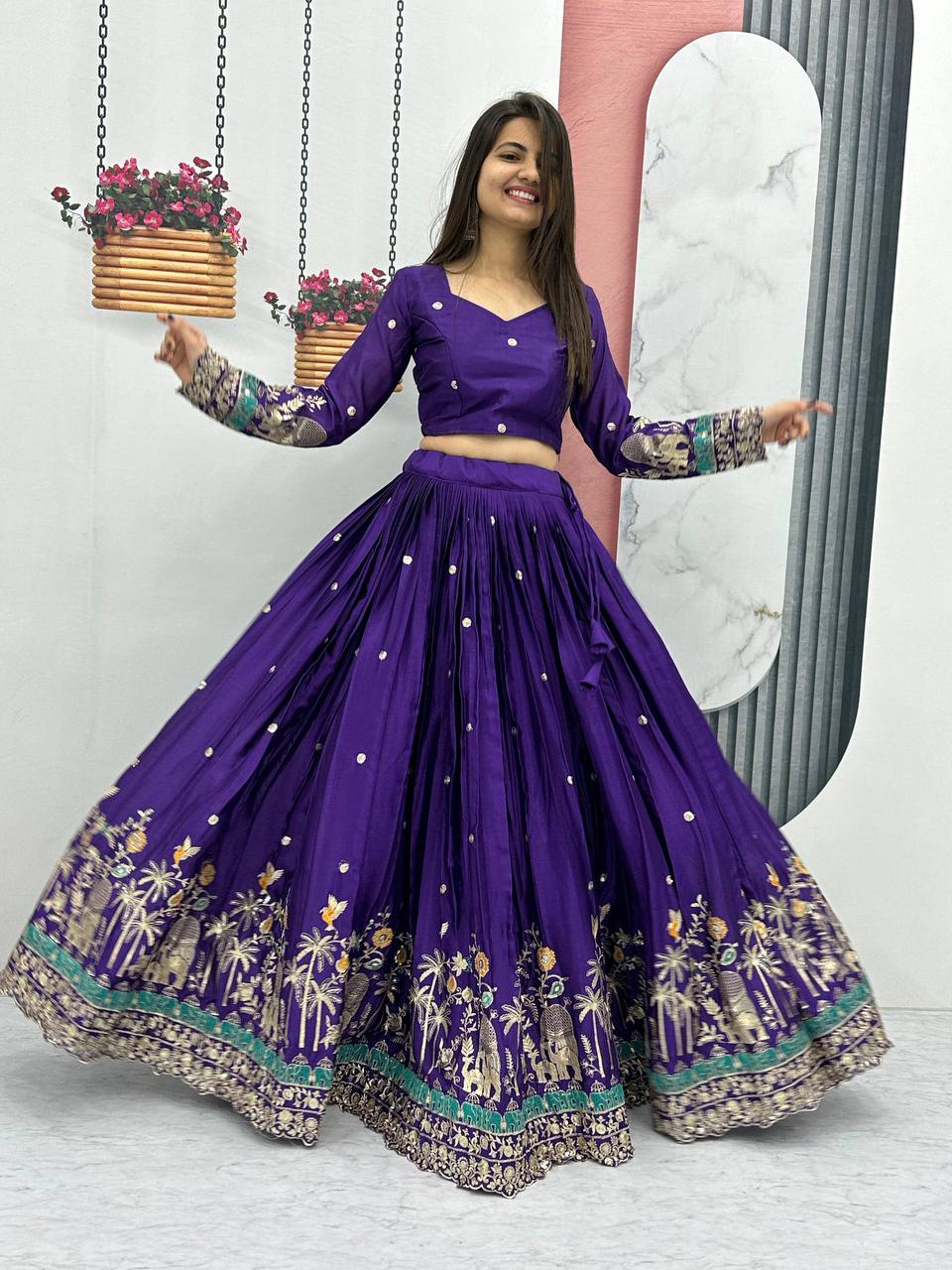 Teeya Creation Purple Color Chinon Silk Embroidery Work Fully Stitched Lehenga Choli | Grocsy