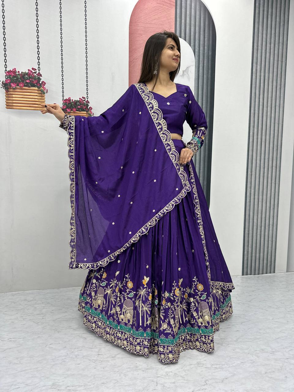 Teeya Creation Purple Color Chinon Silk Embroidery Work Fully Stitched Lehenga Choli | Grocsy