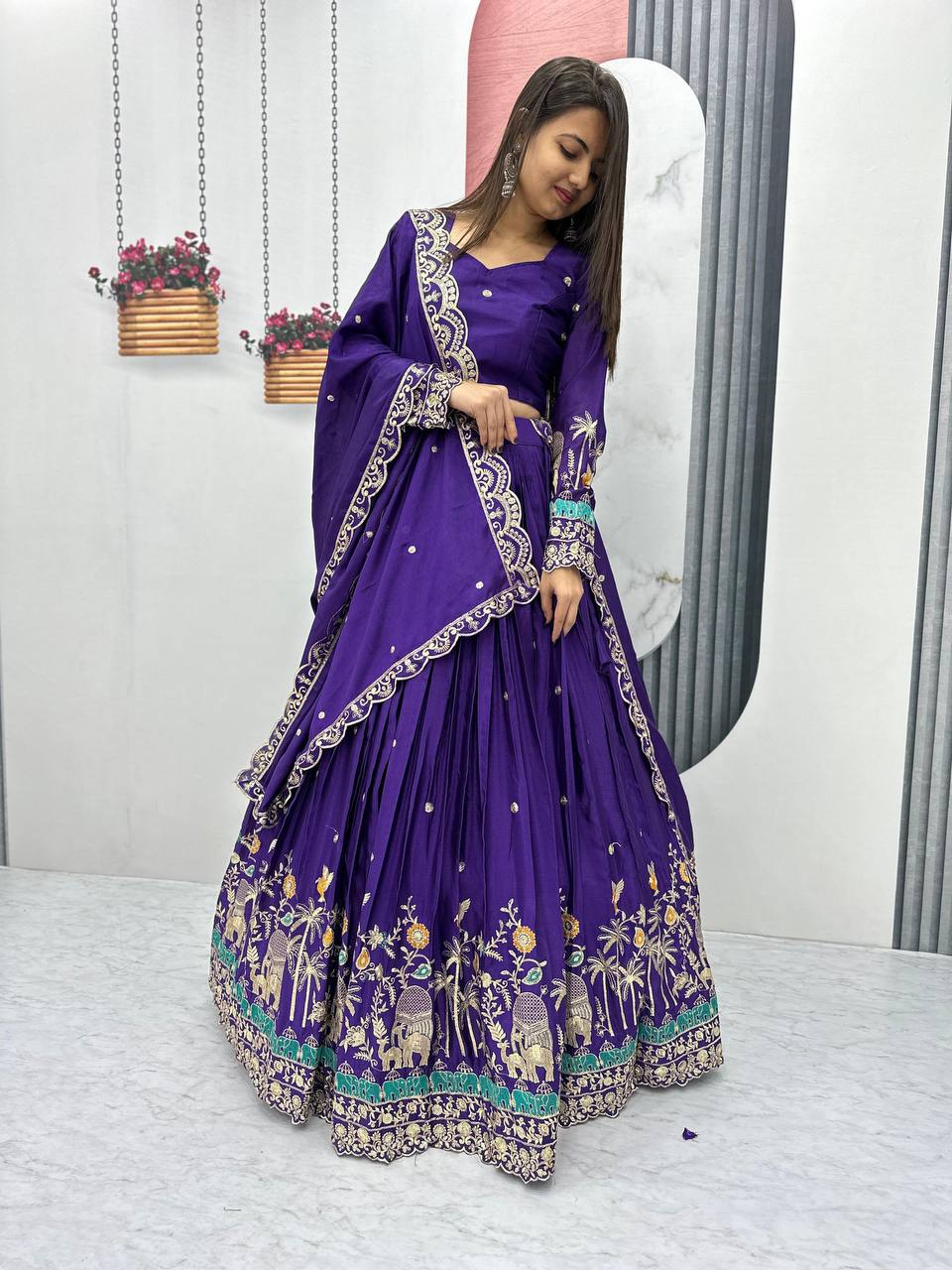 Teeya Creation Purple Color Chinon Silk Embroidery Work Fully Stitched Lehenga Choli | Grocsy