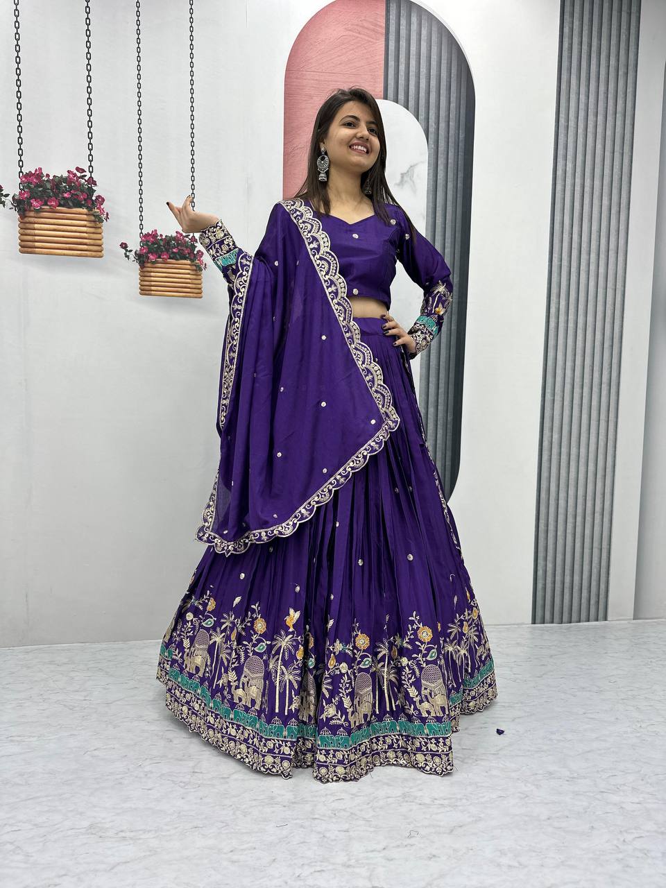 Teeya Creation Purple Color Chinon Silk Embroidery Work Fully Stitched Lehenga Choli | Grocsy